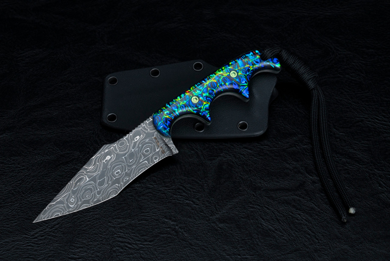 Alan Folts Neo Minimalist Fixed Blade Knife Vegas Forge "Lytic" Damascus Blade Etched Finish w/ Dichloram Handle and Kydex