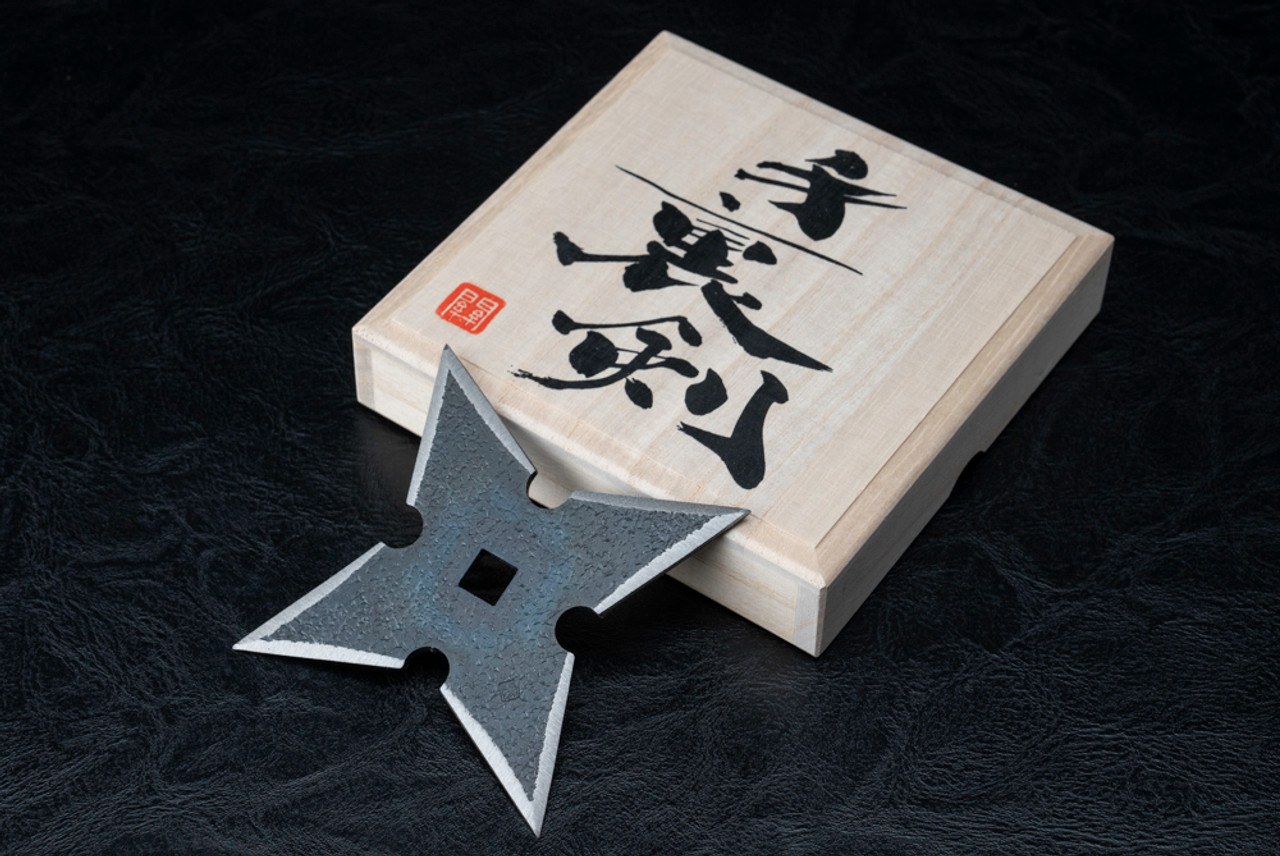 Hand Forged Hammered Shimen-Shihou Black Shuriken w/ Paulownia Box 