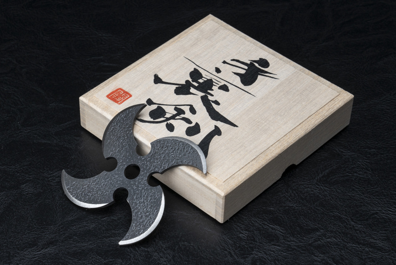 Hand Forged Hammered Manji-tomoe-Shihou Black Shuriken w/ Paulownia Box
