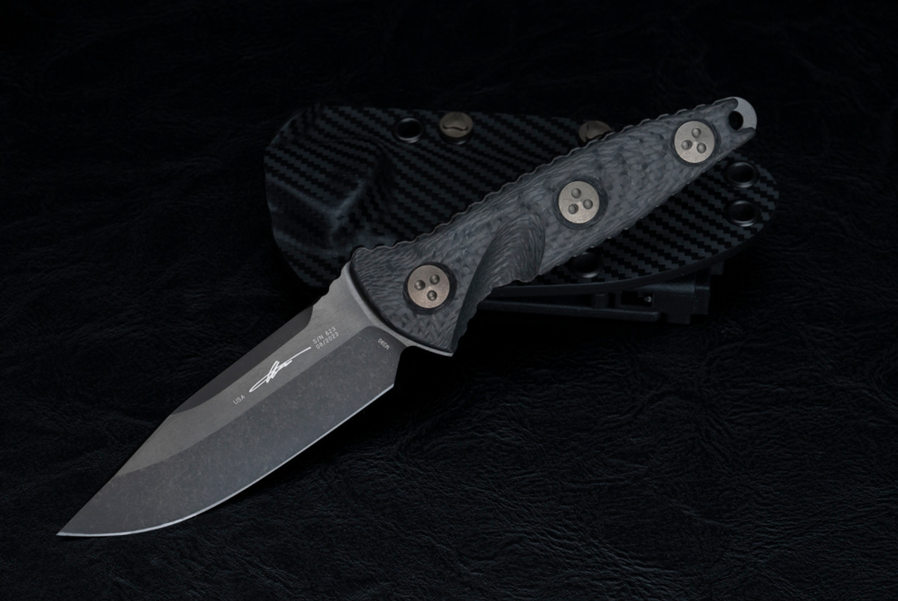 Microtech Knives Socom Alpha Mini Signature Series S/E Fixed Blade Knife Black DLC Blade w/  Carbon Fiber Handles and Sheath - 113M-1DLCCFS