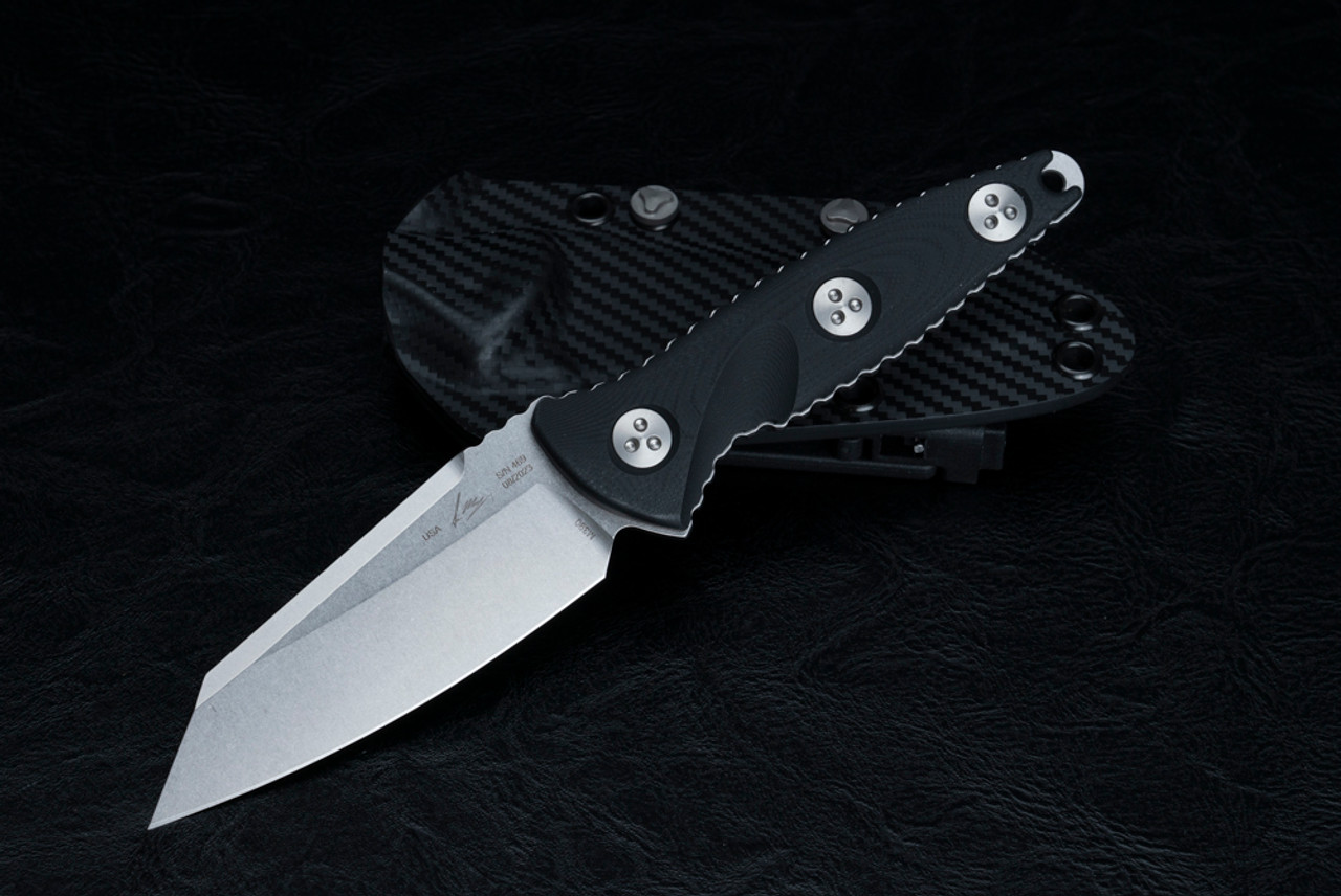 Microtech Knives Socom Alpha Mini Warcom S/E Fixed Blade Knife Stonewashed Blade w/ Black G-10 Handles and Sheath - 93M-10