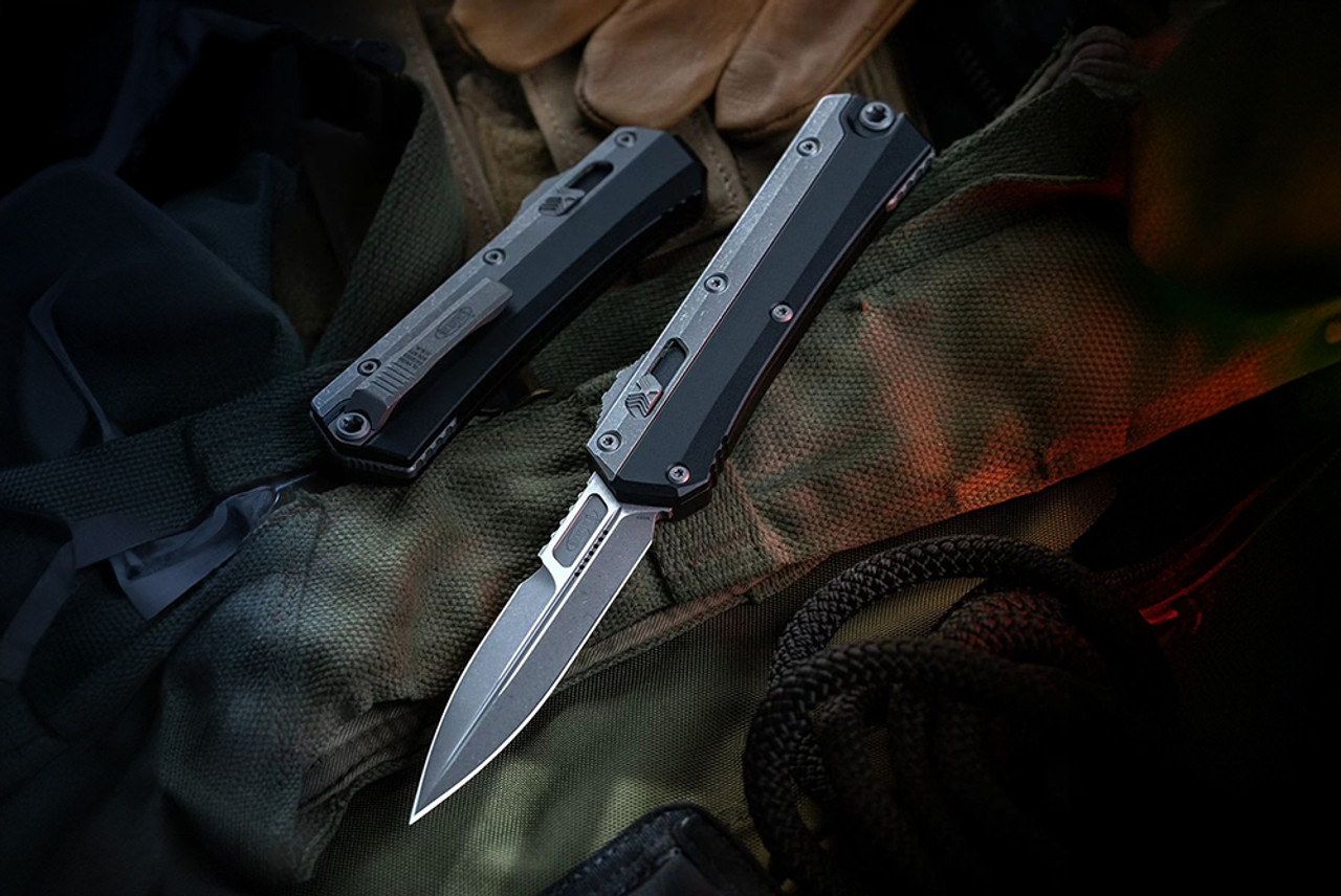Microtech Knives Glykon D/E OTF Automatic Knife Apocalyptic Blade w/ Black Handle and Bead Blast Overlay - 184-10AP
