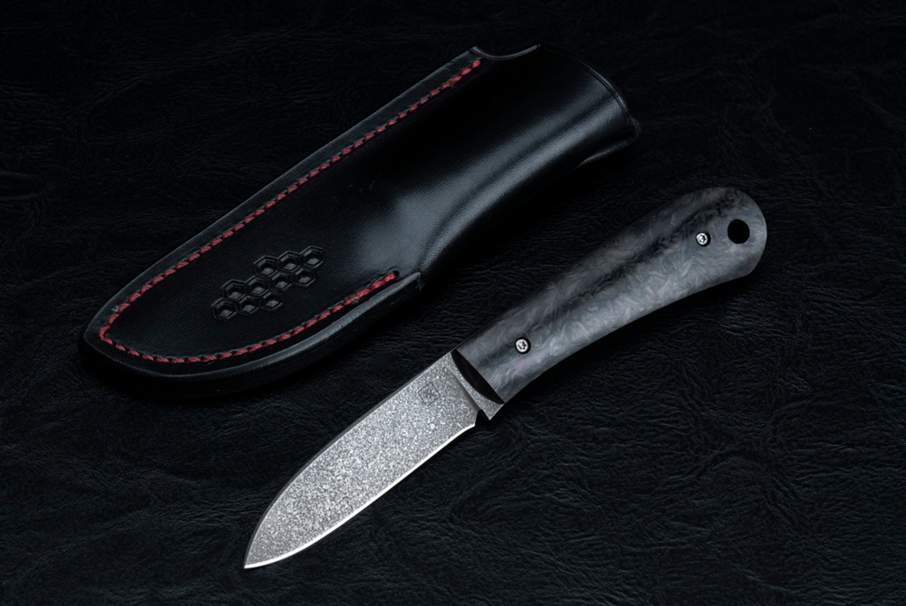 Double X Knives Custom Zulu Fixed Blade Knife MagnaCut Pebble Blade w/ Fat Carbon Dark Matter Purple Swirl Handle and Leather Sheath