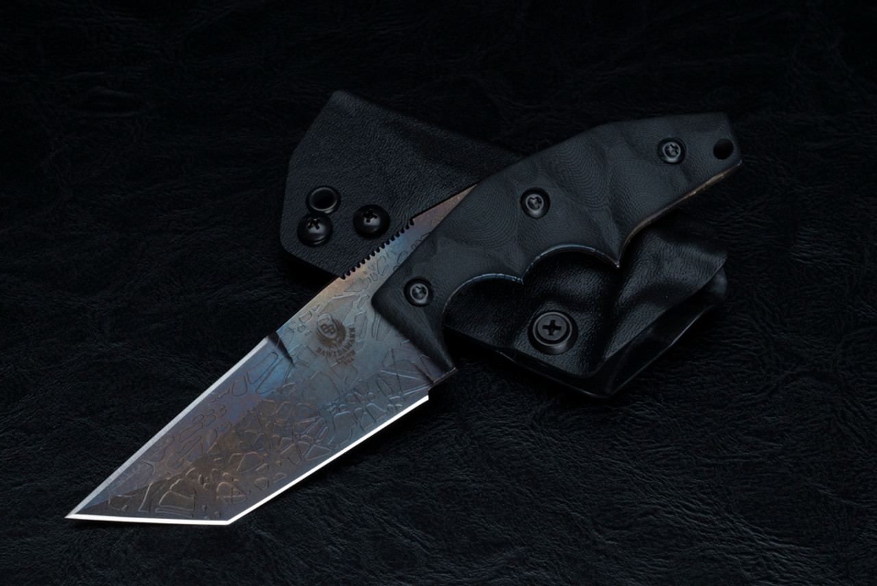 Bawidamann Blades POGN-L Acid Etched Spectral Patina Blade w/ Black G-10 Bawidamann Chunk Handles and Sheath w/ Discreet Carry Concepts Clip