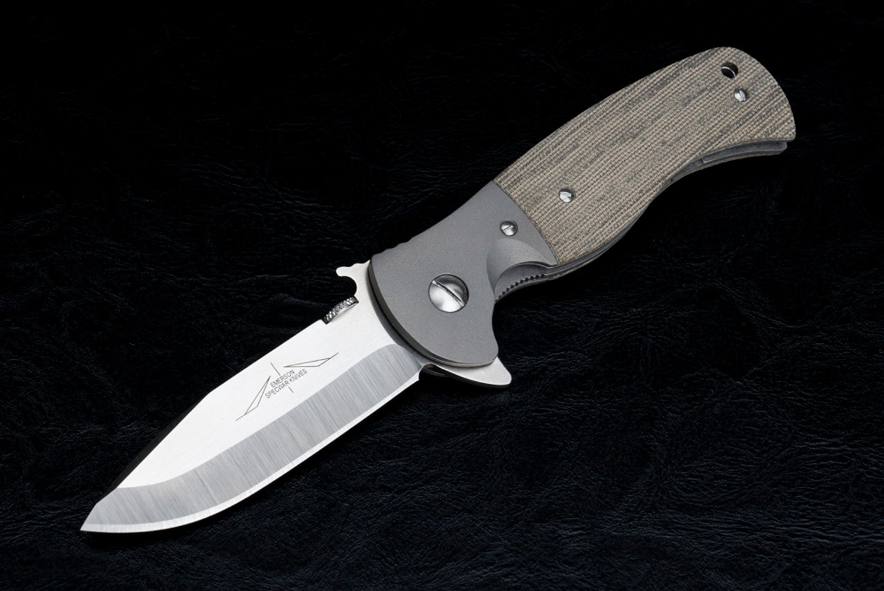 Ernest Emerson Custom Sheepdog Spearpoint Fliper Specwar Knives Logo 2-Tone Satin Blade w/ Green Canvas Micarta Handle and Titanium Bolsters