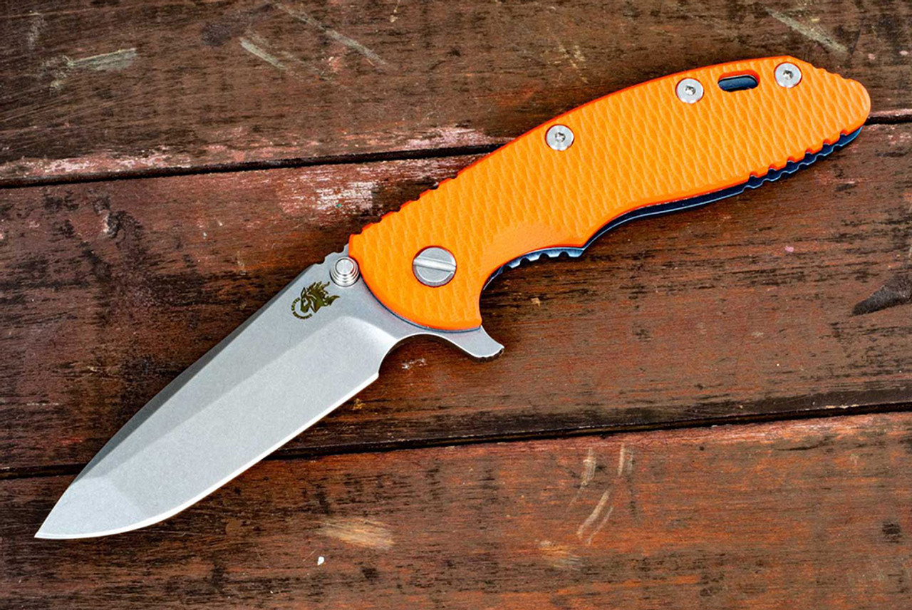 Rick Hinderer Knives XM-18 3.5" Spanto Stonewash Blade w/ Blue Frame Lock and Orange G10 Handle