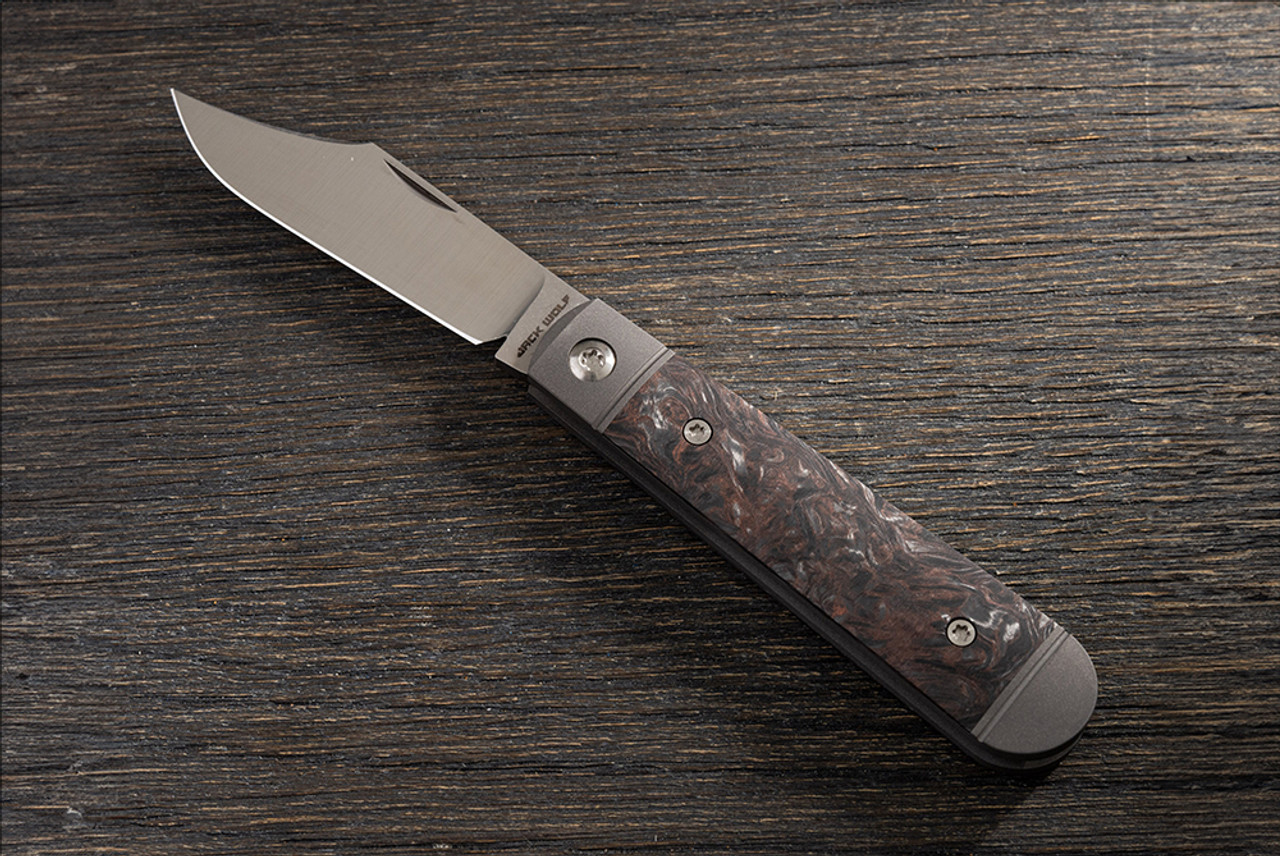 Jack Wolf Knives Little Bro Jack Slipjoint Satin Blade w/ Dark Blasted Titanium Bolsters and Fat Carbon Dark Matter Copper Handle - LILBR-01-FC-DMC