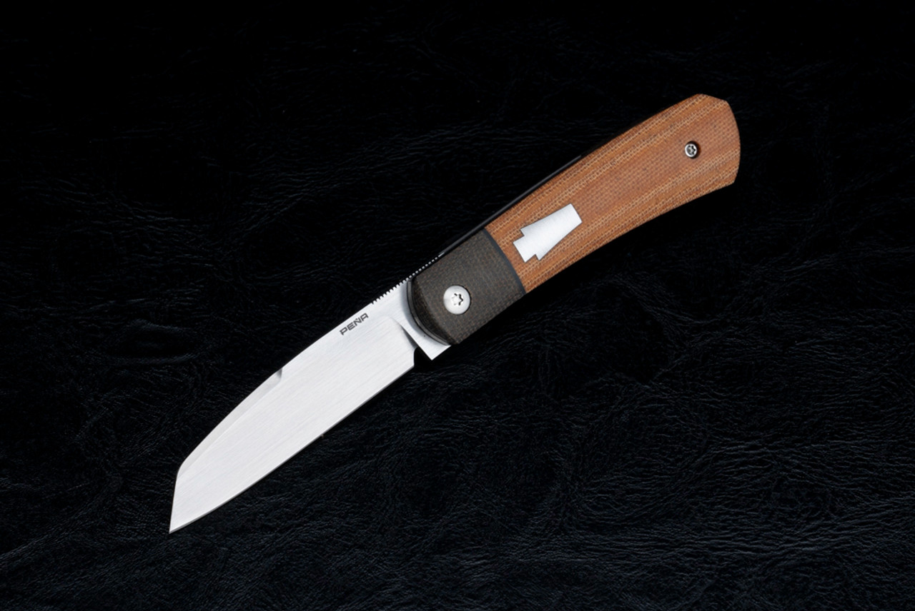 Enrique Pena Custom Apache Liner Lock Knife Hand Rubbed Satin Blade w/ Brown Linen Micarta Handles and Green Canvas Micarta Bolsters