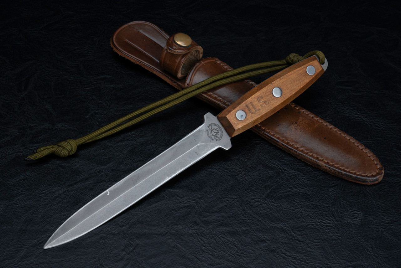EK Knives Pig Sticker Commando Knife Dagger Bead Blast Finish w/ Maple Wood Handle and Leather Sheath