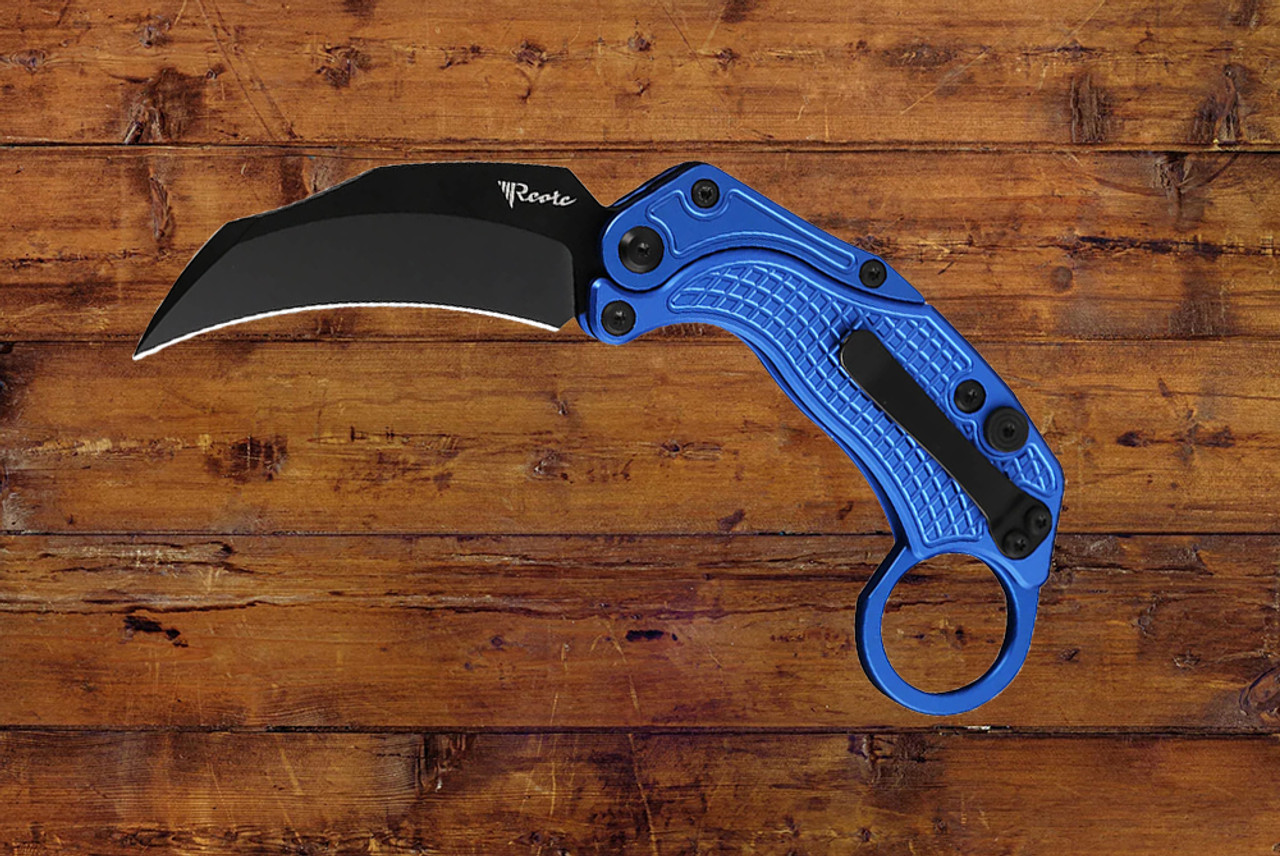 Reate Knives EXO-K Gravity Karambit Button Lock Knife Black PVD Blade w/ Oxidized Blue Aluminum Handle and Trainer 