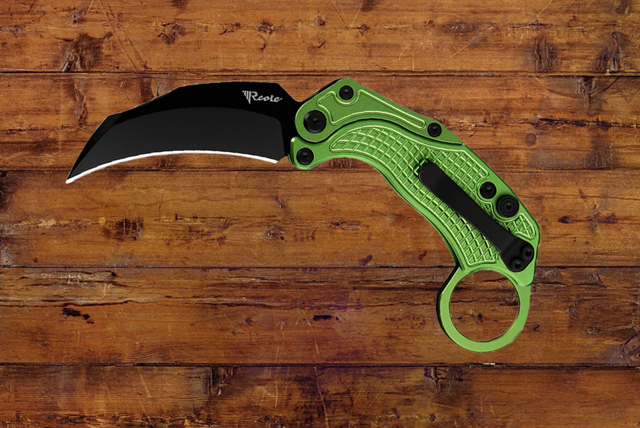 Reate Knives EXO-K Gravity Karambit Button Lock Knife Black PVD Blade w/ Oxidized Green Aluminum Handle and Trainer 