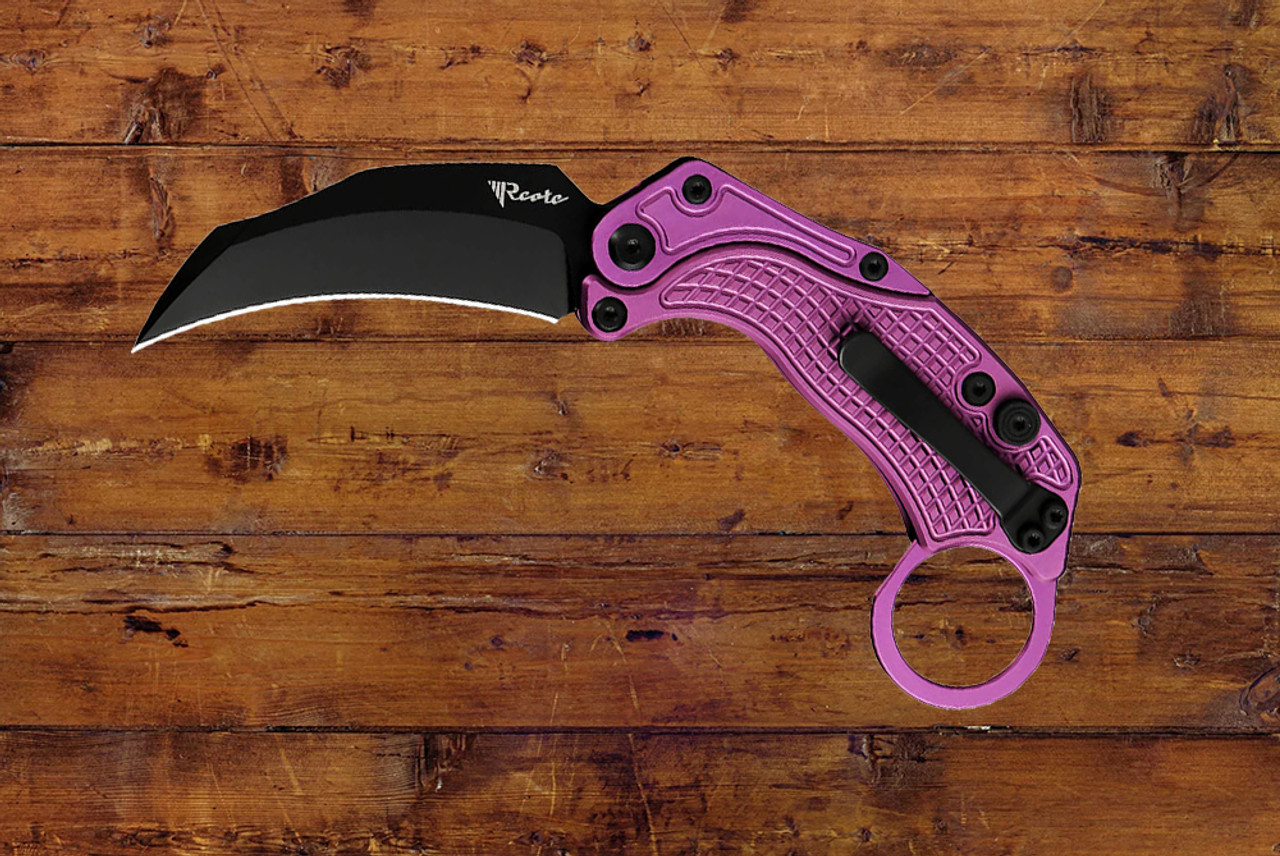 Reate Knives EXO-K Gravity Karambit Button Lock Knife Black PVD Blade w/ Oxidized Purple Aluminum Handle and Trainer 