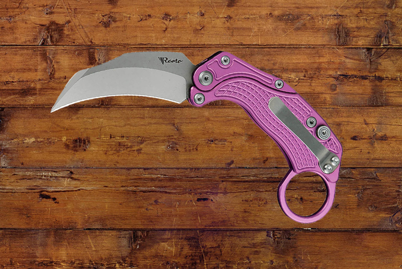 Reate Knives EXO-K Gravity Karambit Button Lock Knife Stonewash Blade w/  Oxidized Purple Aluminum Handle and Trainer - Tactical Elements Inc