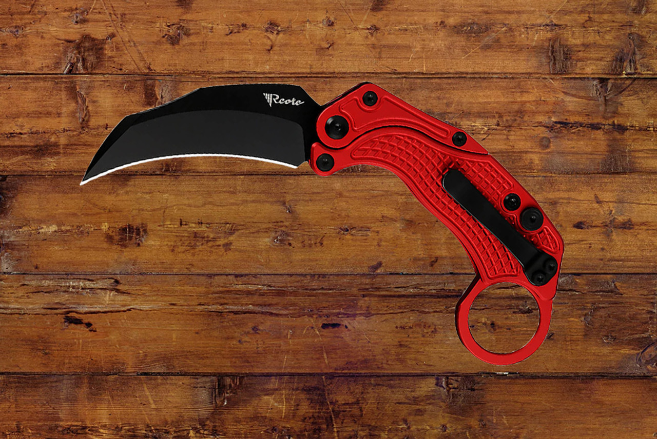 Reate Knives EXO-K Gravity Karambit Button Lock Knife Black PVD Blade w/ Oxidized Red Aluminum Handle and Trainer 