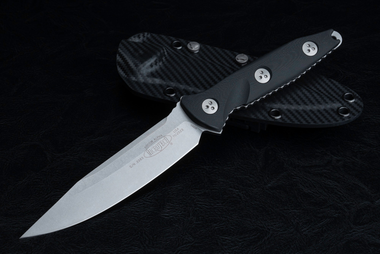 Microtech Knives Socom Alpha S/E Stonewash Fixed Blade Knife w/ Black G-10 Handles and Kydex -  113-10