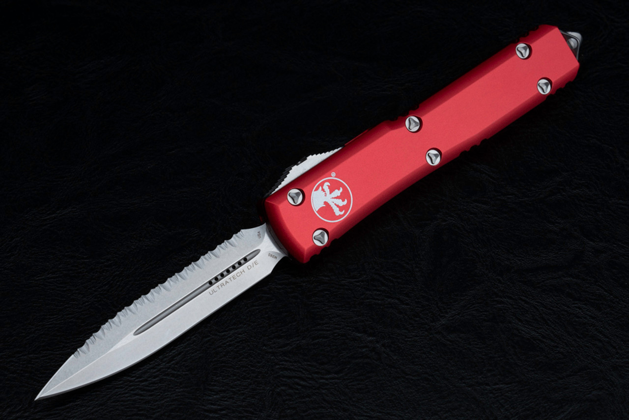 Microtech Knives Ultratech D/E OTF Automatic Knife One Side Serrated Stonewashed Blade Contoured Red Handle 122-12RD