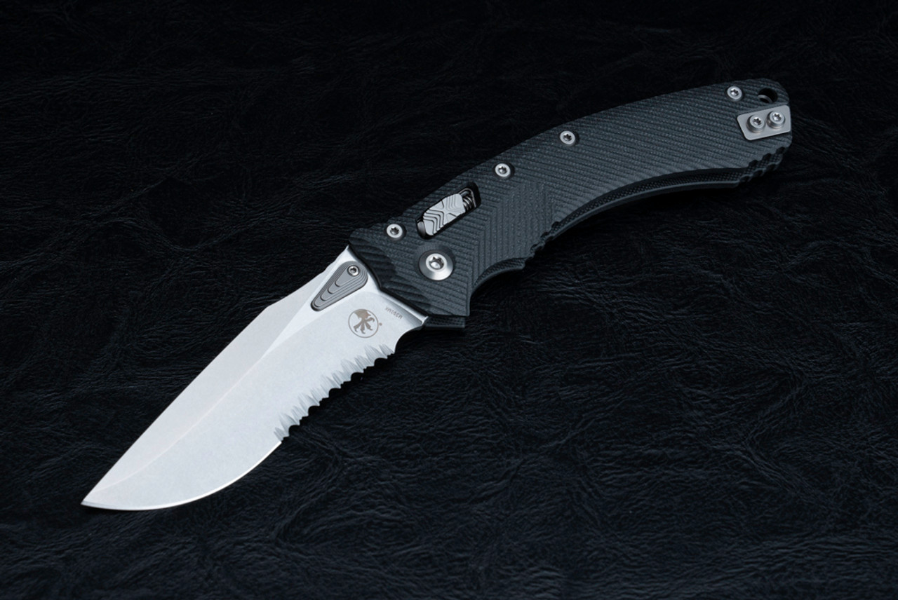 Microtech Knives Amphibian RAM-LOK Manual Knife Partially Serrated Stonewahed Blade w/ Fluted Black G-10 Handles - 137RL-11FLGTBK