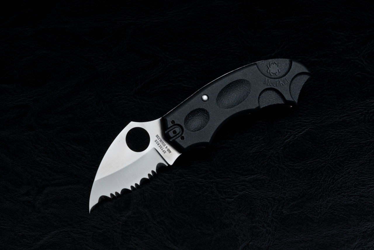 Spyderco Knives Meerkat Folding Knife Fully Serrated Satin Blade w/ Black FRN Handles