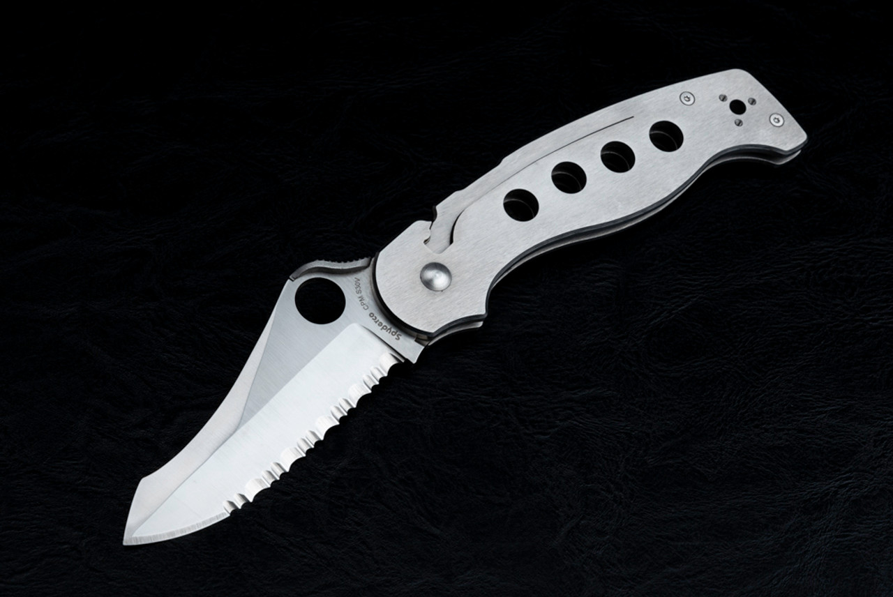 Spyderco Knives A.T.R. Folding Knife Partially Serrated Satin Blade w/ Gray Titanium Handles - C70PSTI