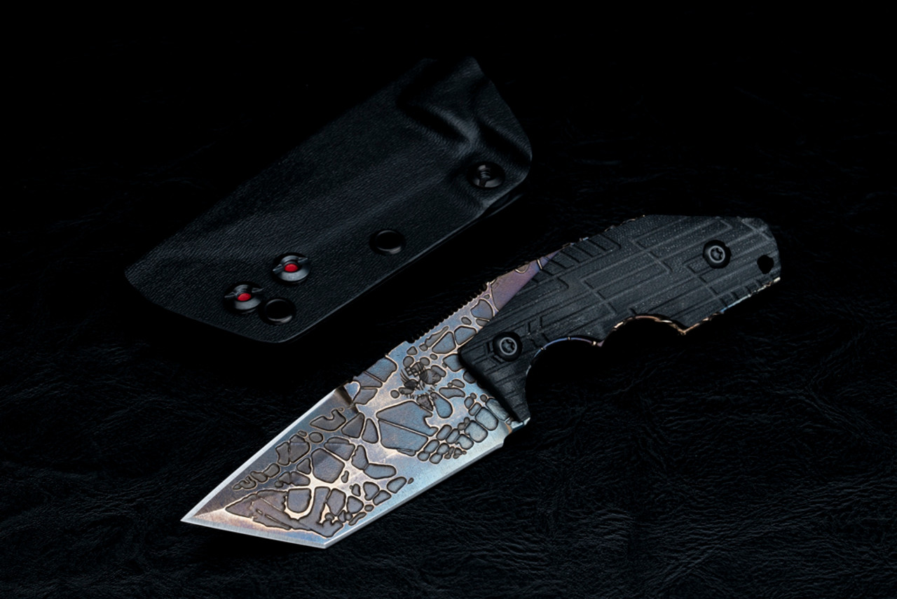 Bawidamann Blades POGN Acid Etched Spectral Pearl Patina Blade w/ Black VZ Grips G-10 Handles and Sheath w/ Discreet Carry Concepts Clip