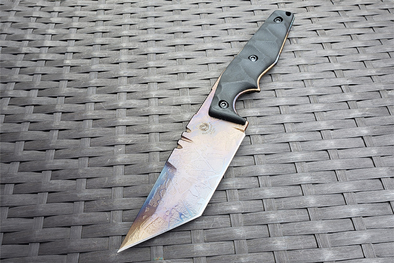 Bawidamann Blades Gunnr Acid Etched Spectral Bronze Patina Finish Blade w/ Sheath and Discreet Carry Concepts Clip