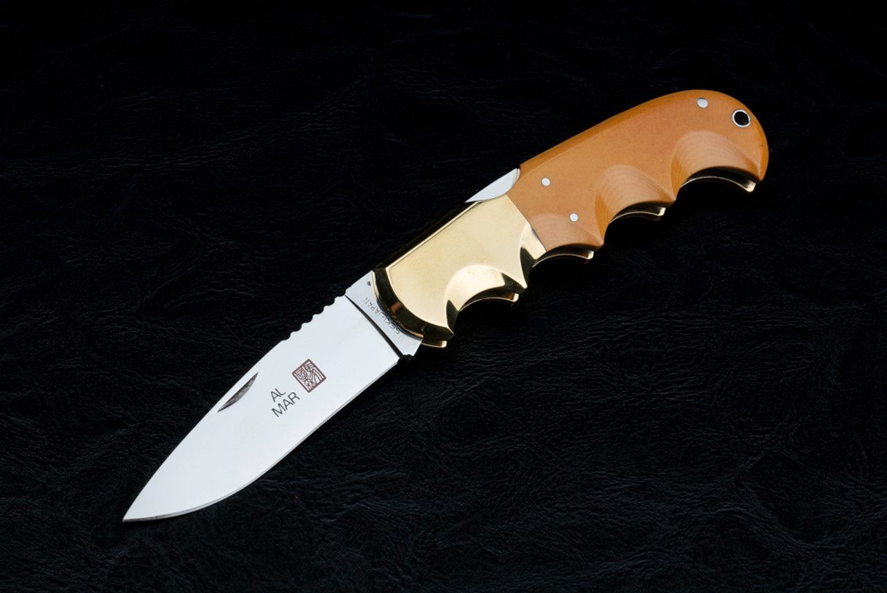 Al Mar Knives Buzzard Folding Pocket Knife Mirror Polished Blade w/ Brass Bolsters and Micarta Handles  - 1006