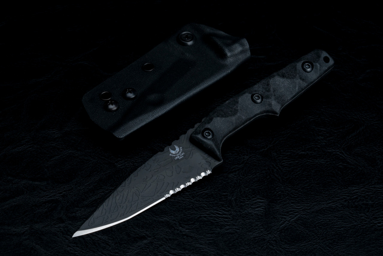Bawidamann Blades Custom Thick Huginn Slicer Grind Acid Etched Gotham Graphite Partially Serrated Blade w/ Sheath and Discreet Carry Concepts Clip