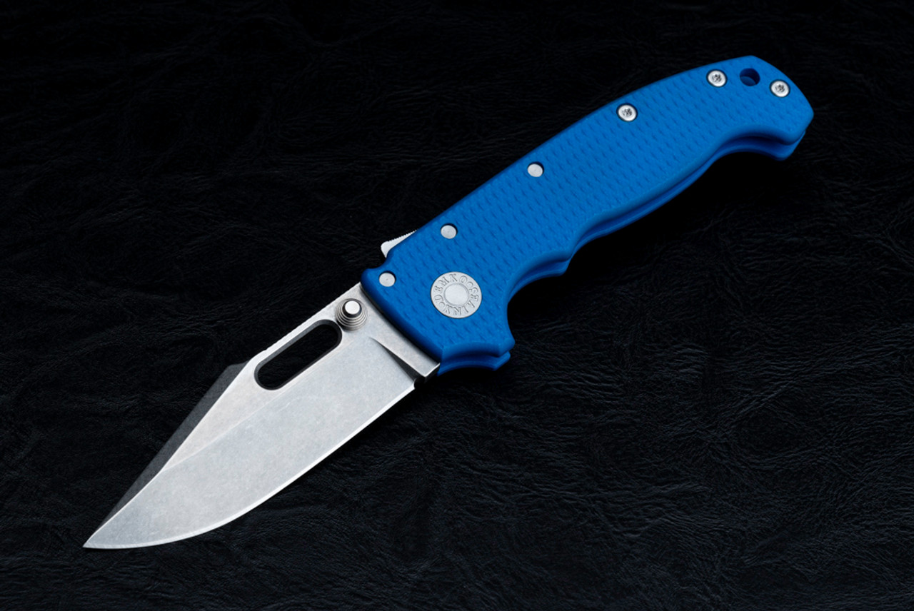 Demko Knives MG AD20 Folding Knife Shark Lock Harpoon MagnaCut Stonewashed Blade  w/ Blue #1 G-10 Handles