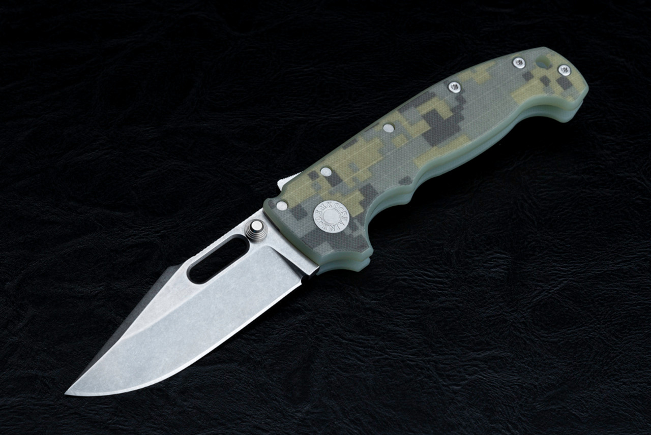 Demko Knives MG AD20 Folding Knife Shark Lock Harpoon MagnaCut Stonewashed Blade  w/ Camo #3 G-10 Handles