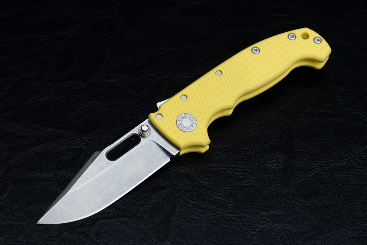 Demko Knives MG AD20 Folding Knife Shark Lock Harpoon MaganaCut Stonewashed Blade  w/ Yellow #1 G-10 Handles