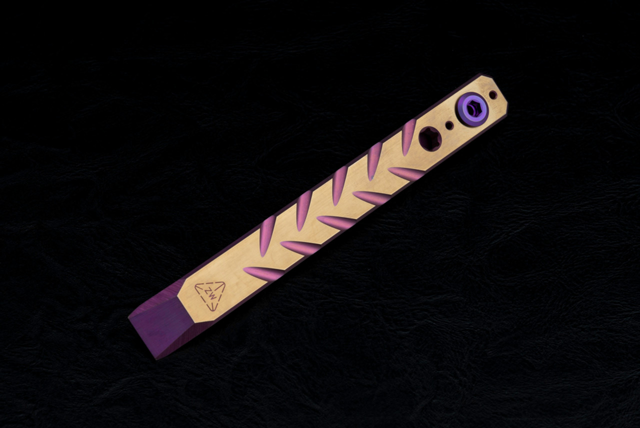 Zach Wood 6" Titanium Clip It Pry w/ Herringbone Pattern Satin Gold Purple / Pink Finish And ZWT Single Bolt Pocket Clip