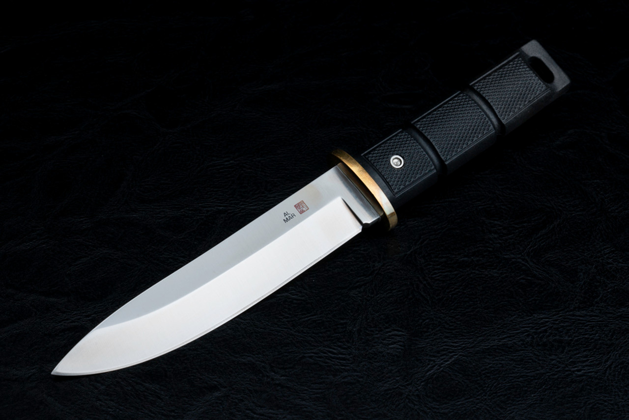 Al Mar Knives Tanken Boy Scout Fixed Blade Satin Finish Brass Guard w/ Black Checkered Zytel Handles and Leather Sheath