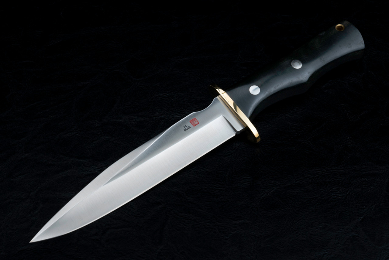 Al Mar Knives Special Warfare II Model 3102 Fixed Blade Satin Finish Brass Guard w/ Black Linen Micarta Handles and Leather Sheath