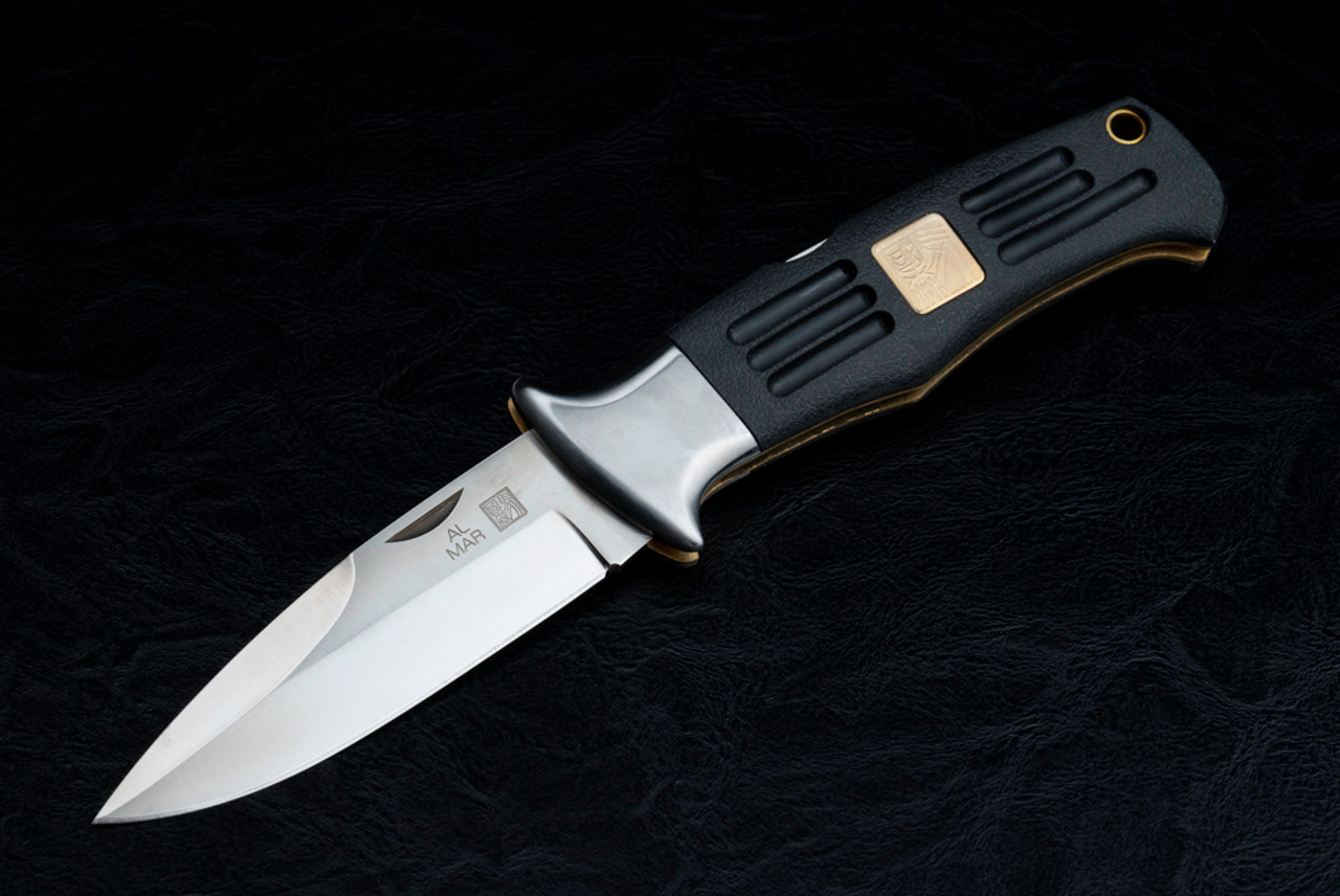 Al Mar Knives SERE Large Folding Pocket Knife Satin Blade w/ Stainless Bolsters Black Kraton Handles and Leather Sheath
