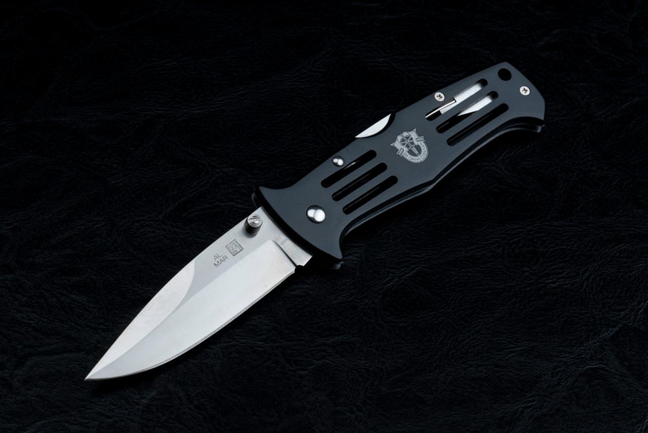 Al Mar Knives SERE Medium Folding Pocket Knife Satin Blade w/ Black Aluminum Handles Special Forces Emblem and Sheath