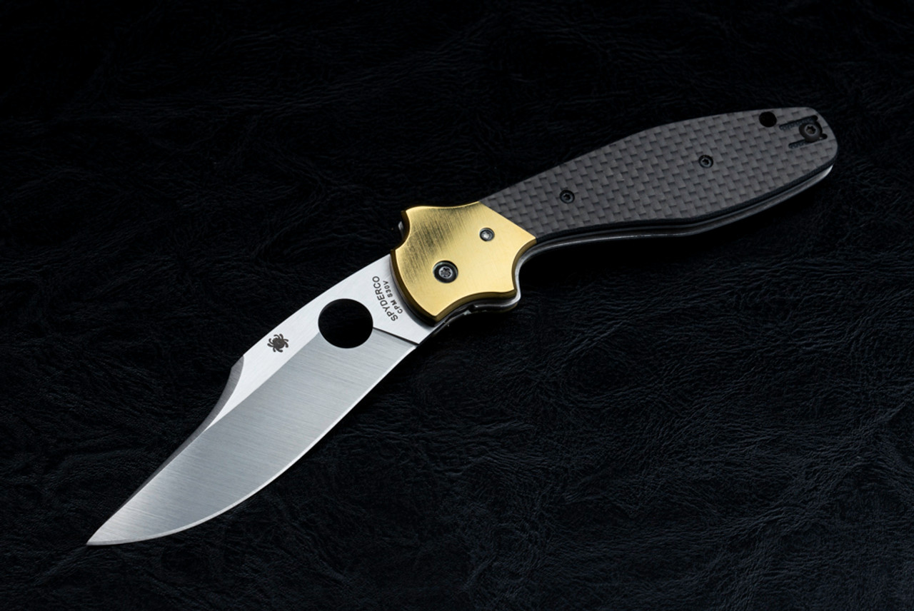 Spyderco Knives Ed Schempp Bowie Linerlock Satin Blade w/ Brass Bolsters and Black Carbon Fiber Handles - C190CFP