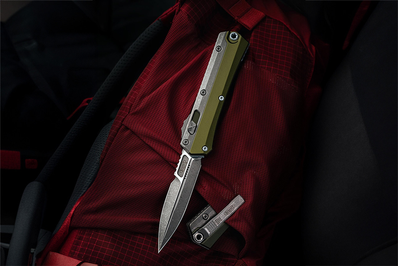 Microtech Knives Glykon D/E OTF Automatic Knife Apocalyptic Blade w/ OD Green Handle and Overlay Nickel Boron internals - 184-10APOD