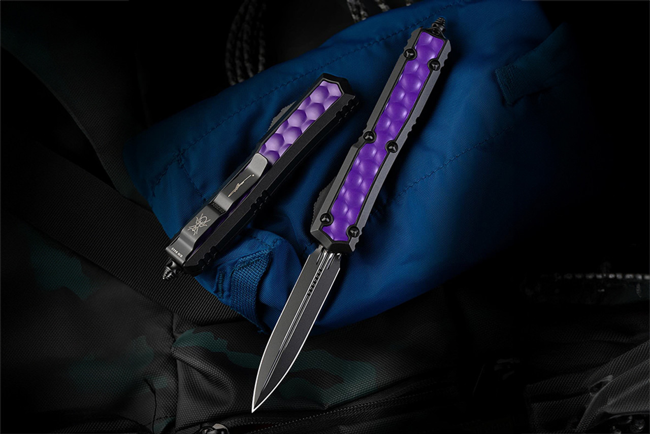 Microtech Knives Makora Signature Series D/E OTF Automatic Knife Black Blade w/ Purple Bubble Inlays and Nickel Boron Internals  - 206-1BIPUS