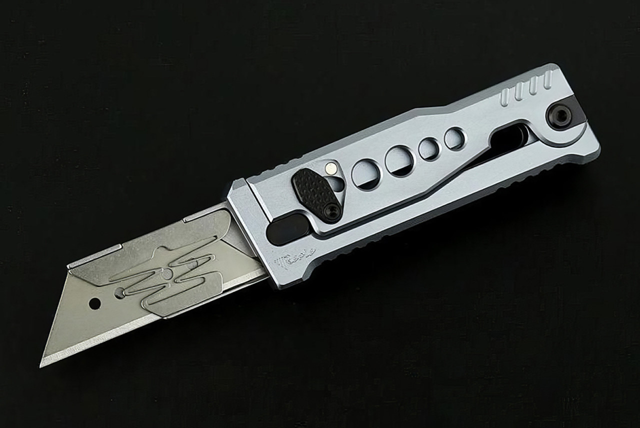 Reate Knives EXO-U Exoskeleton Design Manual OTF Knife Reverse Tanto Satin Blade w/ Speedhole Silver Aluminum Handles