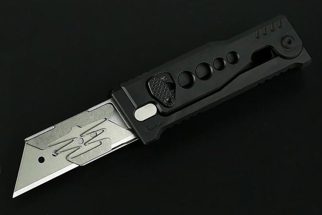 Reate Knives EXO-U Exoskeleton Design Manual OTF Knife Reverse Tanto Satin Blade w/ Speedhole Black Aluminum Handles