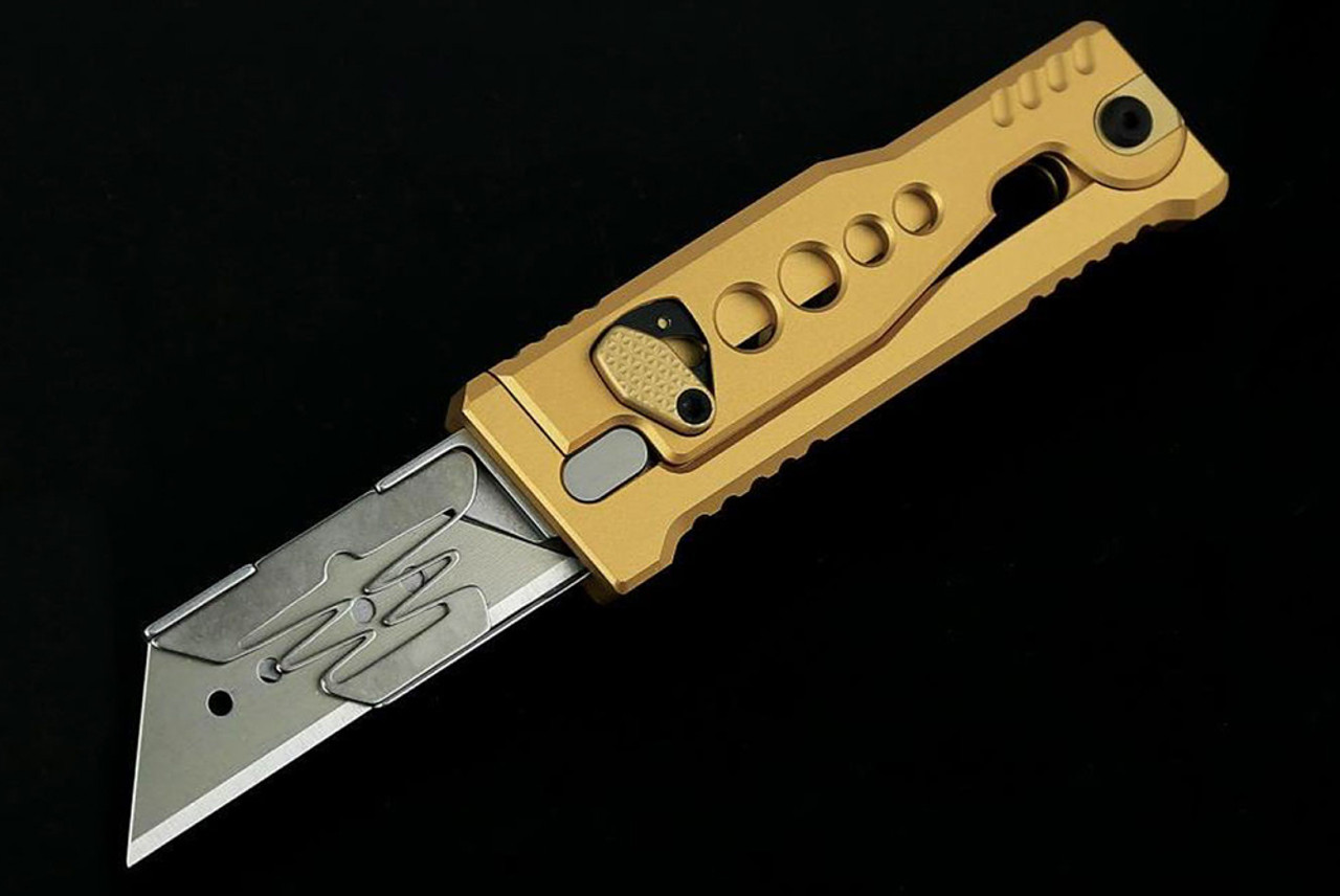 Reate Knives EXO-U Exoskeleton Design Manual OTF Knife Reverse Tanto Satin Blade w/ Speedhole Yellow Aluminum Handles