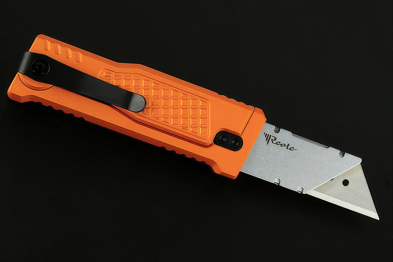 Reate Knives EXO-U Exoskeleton Design Manual OTF Knife Reverse Tanto Satin Blade w/ Diamond Pattern Orange Aluminum Handles