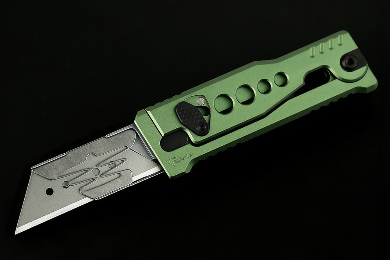 Reate Knives EXO-U Exoskeleton Design Manual OTF Knife Reverse Tanto Satin Blade w/ Speedhole Green Aluminum Handles