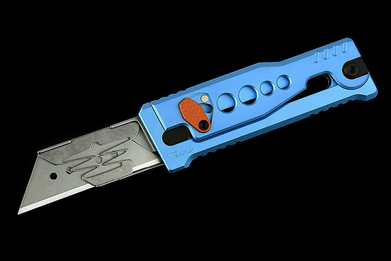 Reate Knives EXO-U Exoskeleton Design Manual OTF Knife Reverse Tanto Satin Blade w/ Speedhole Blue Aluminum Handles