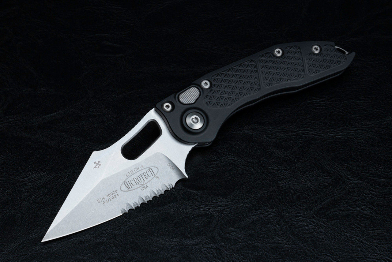 Microtech Knives Stitch-A Automatic Knife Stonewashed Blade  Partially Serrated w/ Black Aluminum Handle - 169-11