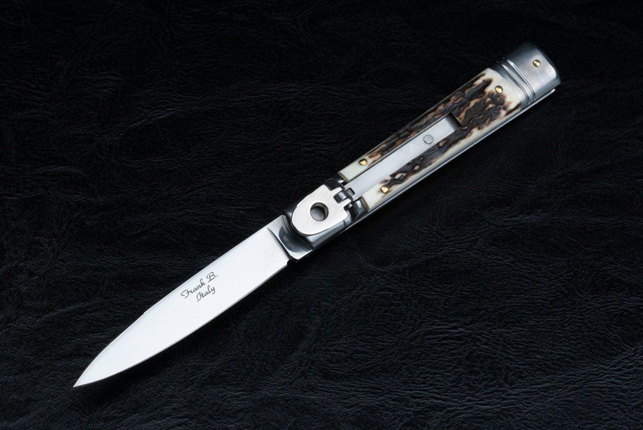 Frank Beltrame Knives Leverletto 7.5" Lever Lock Automatic Italian Knife Satin Blade w/ Stag Horn Handle
