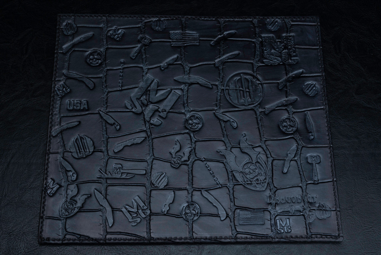 Dragon Cut Design Mick Strider Custom Knives Double Sided Leather Display Mat - Gator Black With Textured Brown