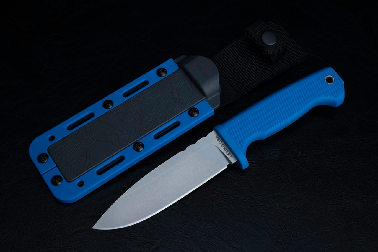 Demko Knives MG FREEREIGN Fixed Blade Knife Drop Point MagnaCut Stonewash Blade w/ Blue Injection Molded Rubber Handle and Sheath