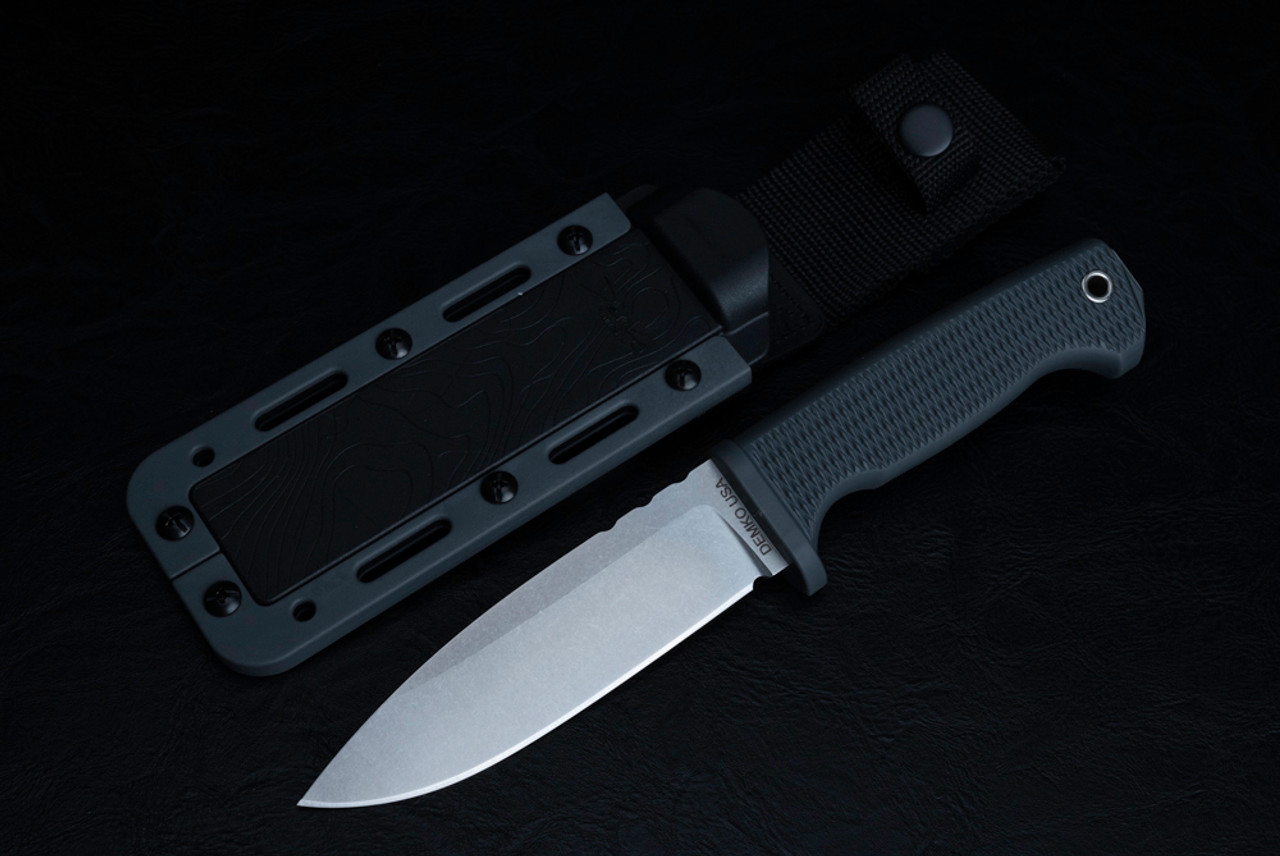 Demko Knives MG FREEREIGN Fixed Blade Knife Drop Point MagnaCut Stonewash Blade w/ Gray Injection Molded Rubber Handle and Sheath