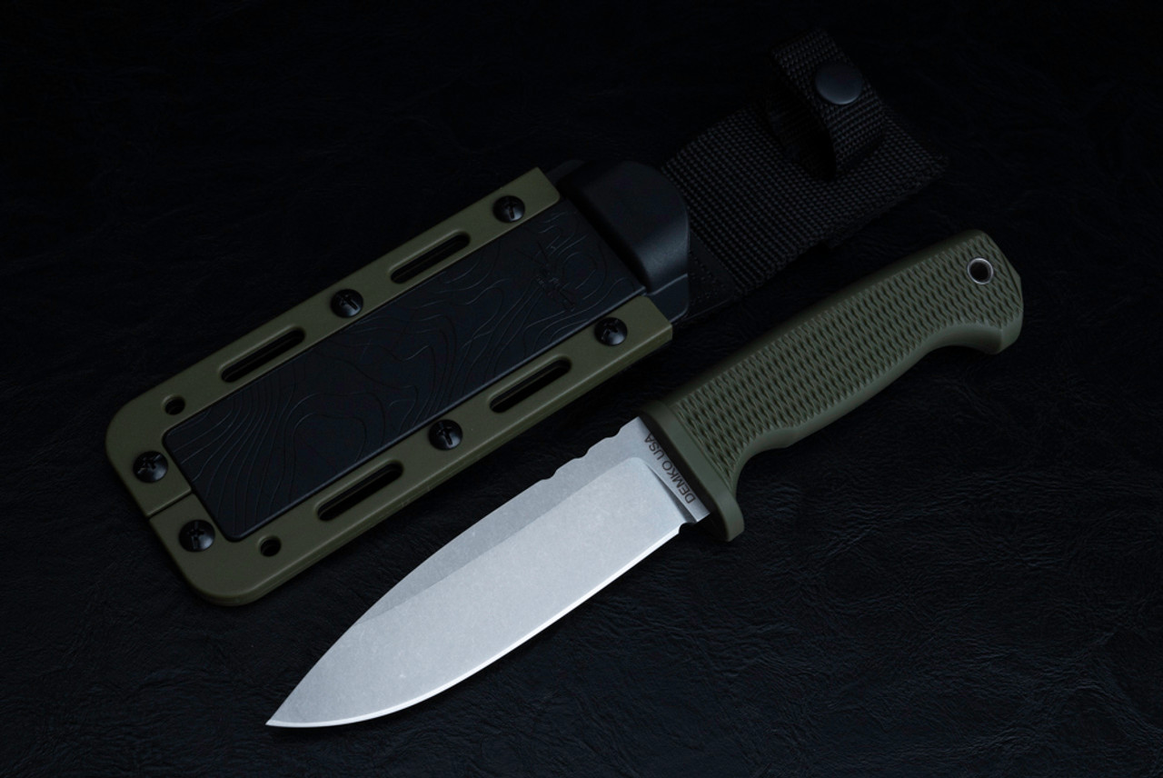 Demko Knives MG FREEREIGN Fixed Blade Knife Drop Point MagnaCut Stonewash Blade w/ OD Green Injection Molded Rubber Handle and Sheath